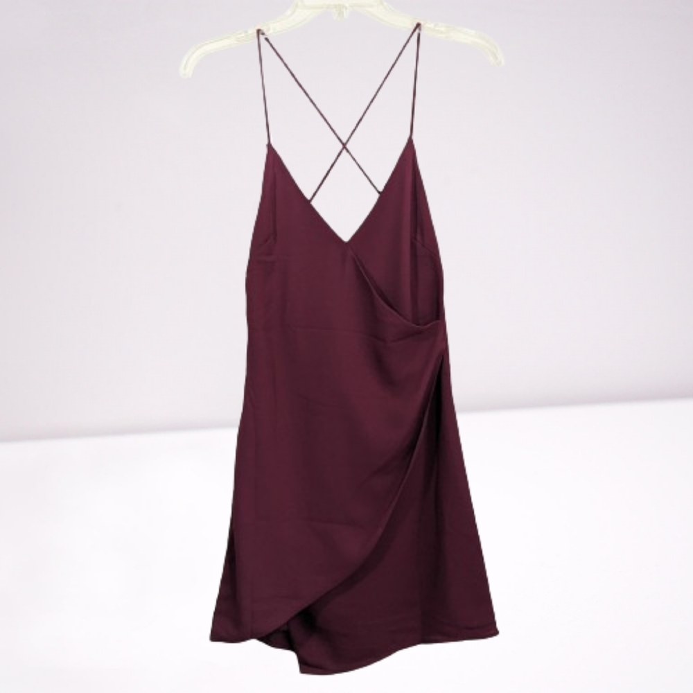 By The Way Mini Dress Black Cherry Faux Wrap Spaghetti Straps Asymmetric…